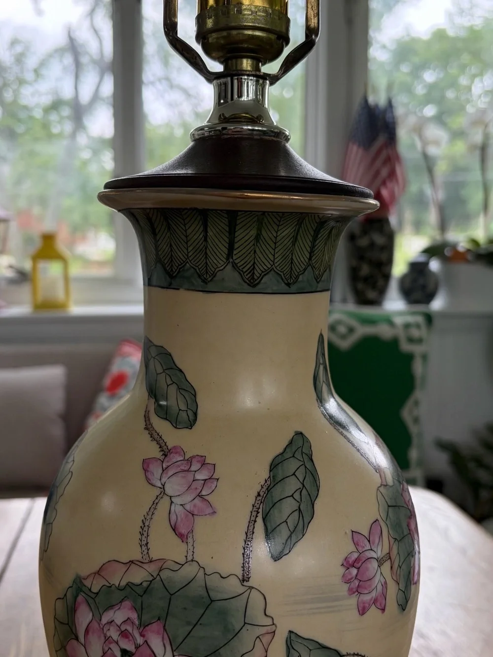 Source Unknown Pink Lotus Ceramic Vase with Green Leaves